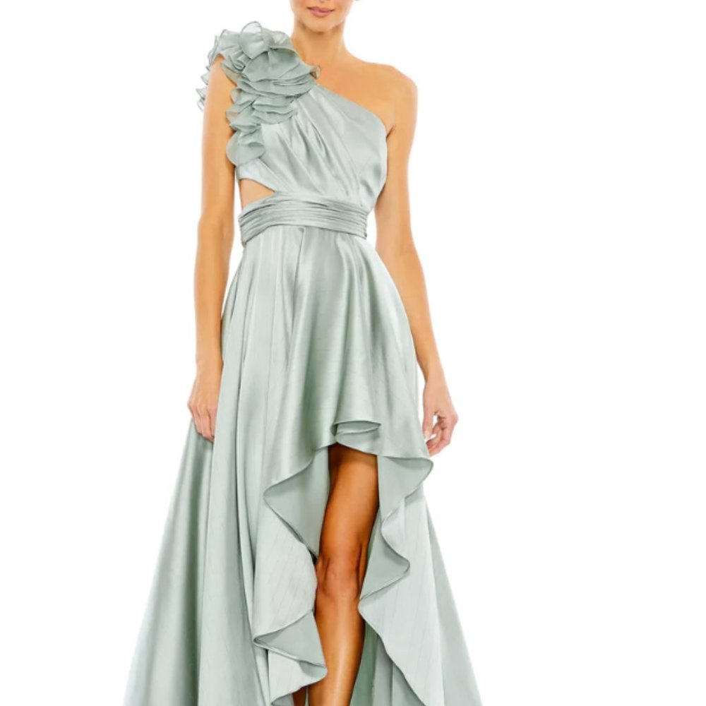 MAC DUGGAL 49523 RUFFLED ONE SHOULDER CUT OUT HI-LO SAGE GOWN sz 2